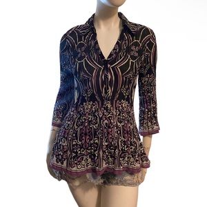 Vintage Y2K Purple 3/4 Flare Sleeve Printed Crinkled Button Down Blouse Sz L